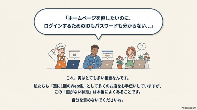 「ホームページを直したいのに、ログインするためのIDもパスワードも分からない…」
