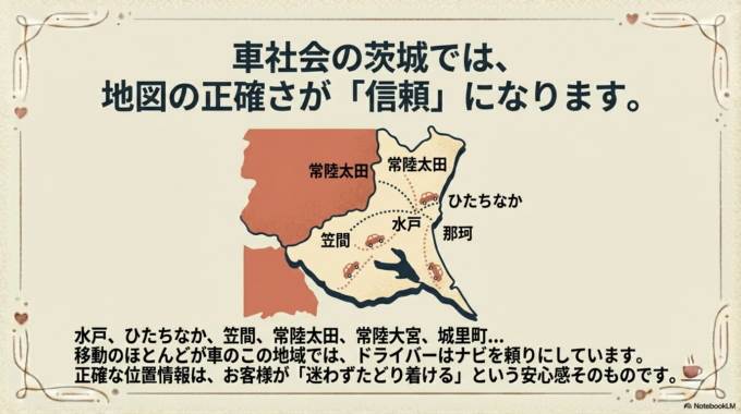 車移動が中心のエリアでは、Googleマップの正確さが本当にお客様の安心につながります。