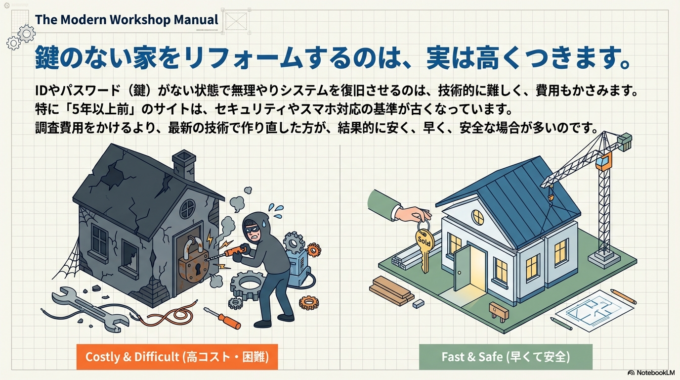 鍵（パスワード）がない家をリフォームするのは難しいので、この場合は思い切って引っ越し（作り直し）を考えた方が、結果的に安く済むことがあります。