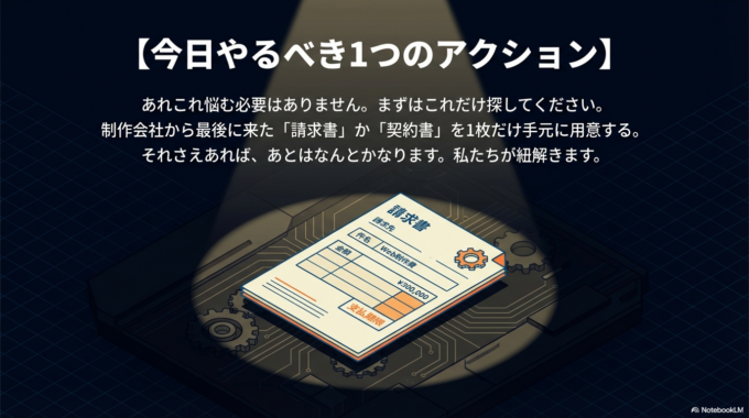 【今日やるべき1つのアクション】 制作会社から最後に来た「請求書」か「契約書」を、1枚だけ探して手元に置いてみましょう。