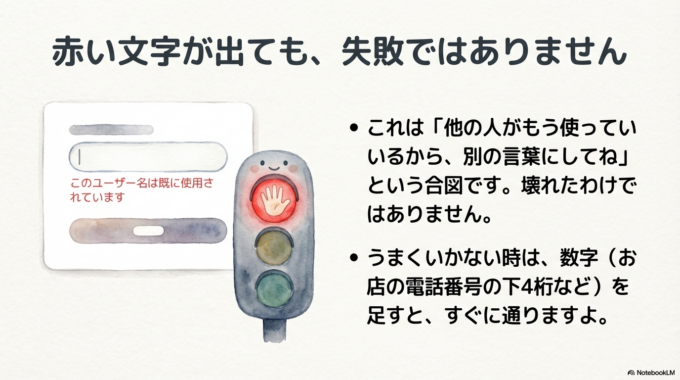 ※つまずきポイント 「このユーザー名は既に使用されています」 と赤い文字が出ることがあります。