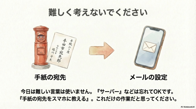 今日は、難しい言葉は使いません。 「手紙の宛先をスマホに教える」 これだけの作業だと思ってください。