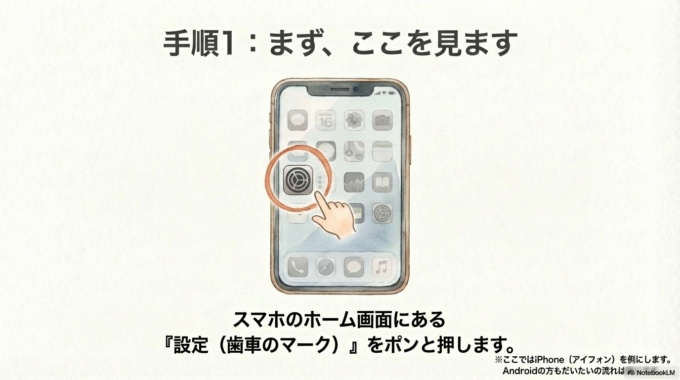 → まず、ここを見ます スマホの画面にある、 「設定（歯車のマーク）」 これをポンと押します。