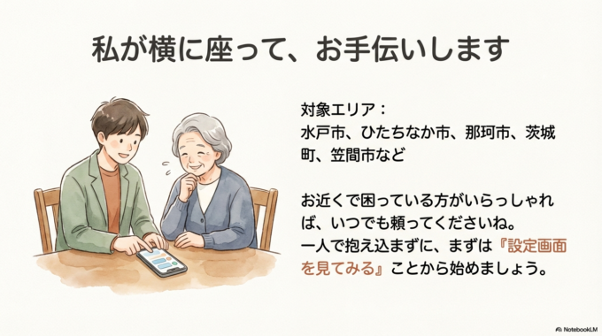 水戸市、ひたちなか市、那珂市、 茨城町、笠間市など、 お近くで困っている方がいらっしゃれば、 私が横に座って、一緒にお手伝いします。