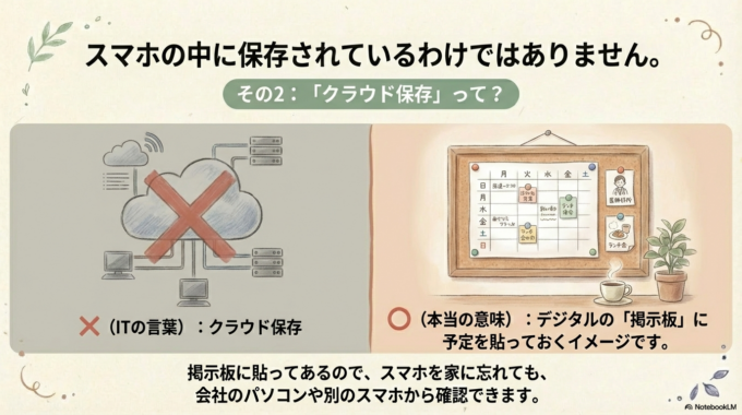 × クラウド保存 → ○ デジタルの「掲示板」に予定を貼っておくので、どこでも確認できます。