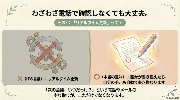 × リアルタイム更新 → ○ 誰かが書き換えたら、自分の手元も自動で書き換わります。