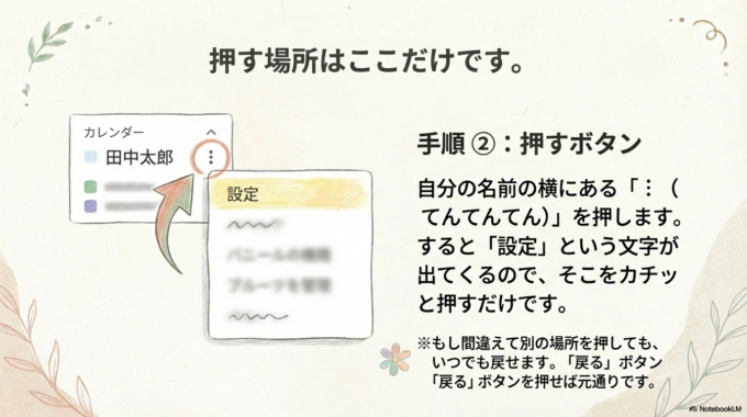 【図②:押すボタン】 自分の名前の横にある「︙(てんてんてん)」を押します。 → **「設定」**という文字が出てくるので、そこをカチッと押すだけです。