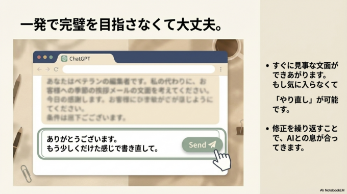 「もう少しくだけた感じで書き直して」と追加でお願いすればOKです。