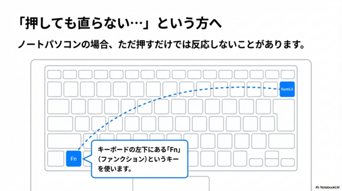 「Fn」キー + 「NumLk」キー (同時押し)