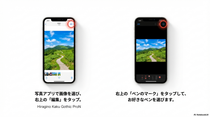 写真の「編集」からペンを選んで、書き込める状態にした画面です。