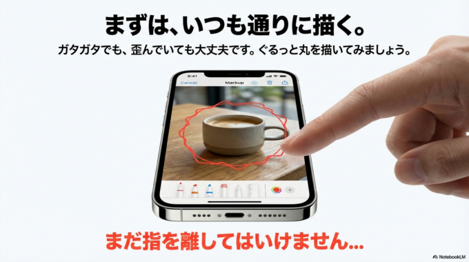 【図②：押す場所】 指でぐるっと丸を描きます。 描き終わったところで、指を離さずにそのままストップします。