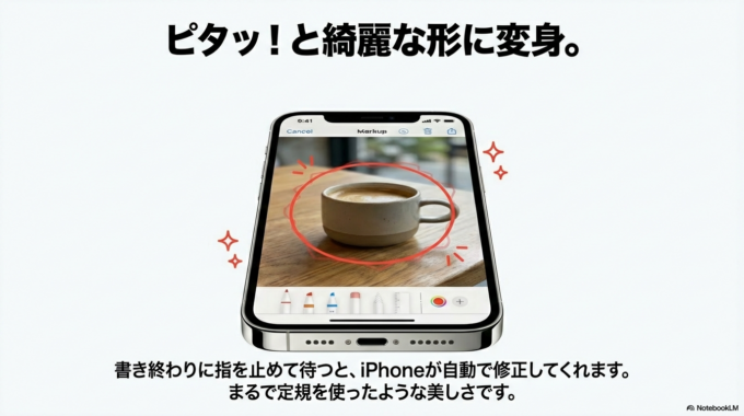 【図③：できた状態】 ガタガタの丸が、綺麗な「まん丸（または楕円）」にピタッと変わりました！