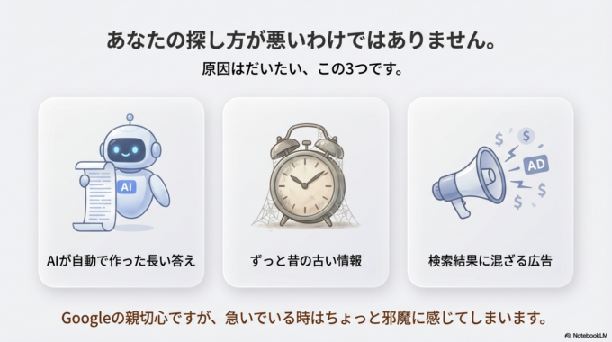 欲しい情報が出てこない理由は、 あなたの探し方が悪いわけではありません。 大丈夫です。