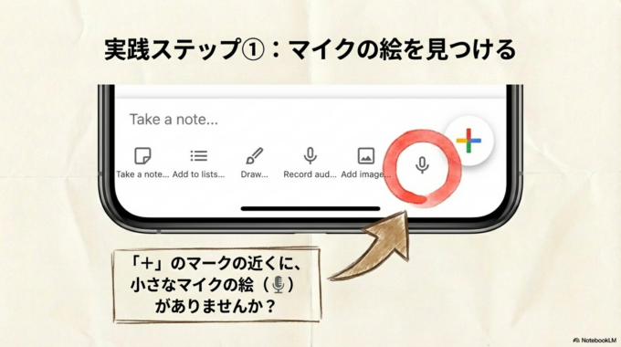 「＋」のマークの近くに、 **小さなマイクの絵（🎙️）**がありませんか？
