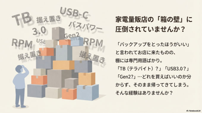 「TB（テラバイト）？」「USB3.0？」「据え置き？」など