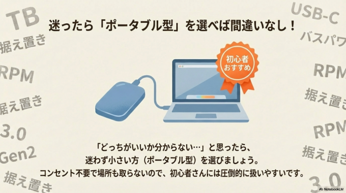 **「ポータブル型（小さい方）」**を選んでおけば間違いありません。