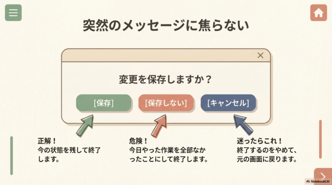  「変更を保存しますか？」 「保存」「保存しない」「キャンセル」