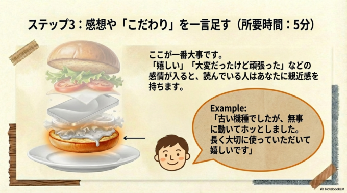 ステップ3：感想や「こだわり」を一言足す（5分）