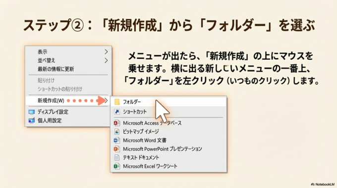 ステップ②：「新規作成」→「フォルダー」を選ぶ