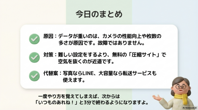 難しい設定をいじるよりも、**「圧縮(あっしゅく)サイト」や「LINE」**を使って、サクッと軽くしてしまいましょう