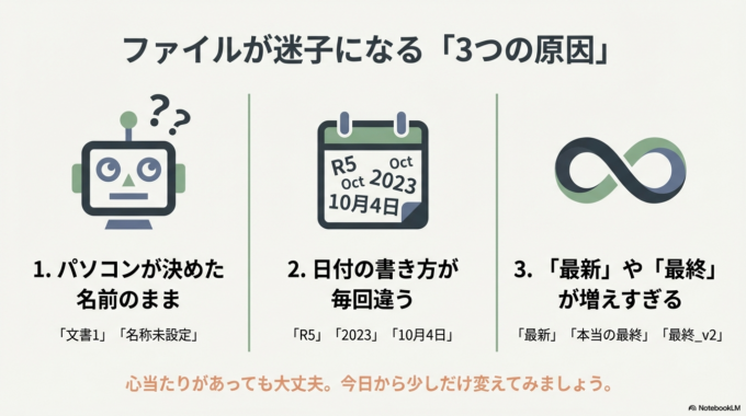 1. ファイル名がバラバラになってしまう原因(だいたいこの3つです)