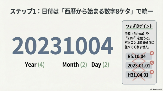 ステップ1:日付は「数字8ケタ」で統一する