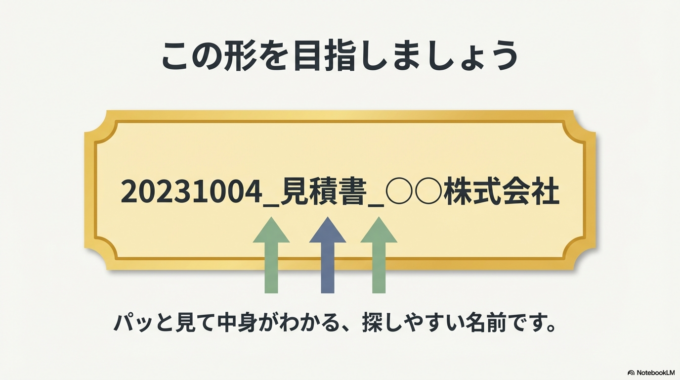 「日付+書類の名前+お客様名」にする これが基本の形です。