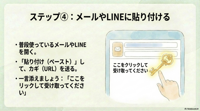 メールやLINEを開き、「この文字（URL）をクリックして荷物を受け取ってくださいね」