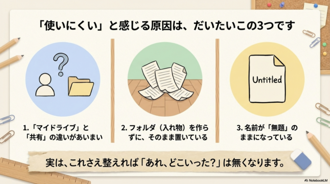 「Googleドライブが使いにくい」 と感じる原因は、だいたいこの3つに集約されます。