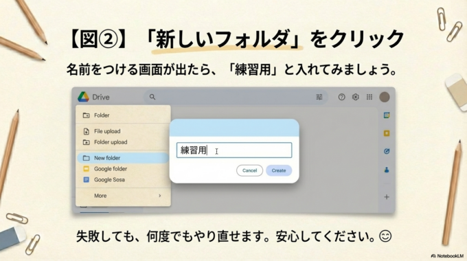 メニューが出たら 「新しいフォルダ」 をクリックします。 