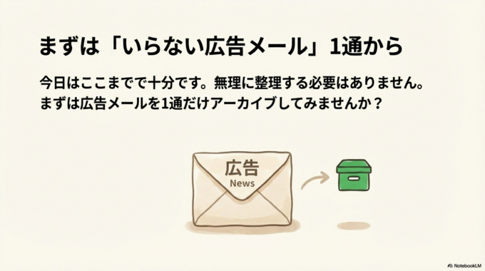 まずは「いらない広告メールを1通だけアーカイブしてみる」ところから始めてみませんか?