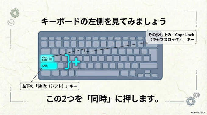 キーボードの左側を見てみてください。以下の操作を同時に行います。