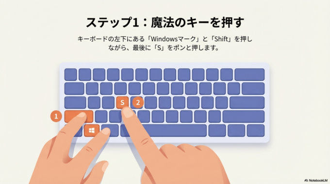 **「Windowsマーク」と「Shift」を押しながら、最後に「S」**をポンと押します。