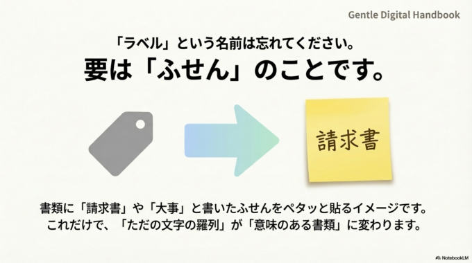 一番かんたんな **「ふせん（ラベル）を貼る」**だけをやってみましょう。