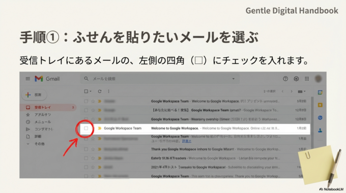 「ふせんを貼りたいメール」の 左側の四角（□）にチェックを入れます。