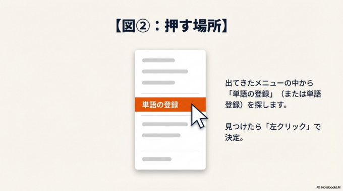  その中から**「単語の登録」**（または単語登録）という言葉を探して、 左クリックで押してください。