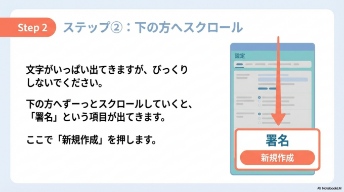 下の方へずーっとスクロールしていくと…… **「署名」**という項目が出てきます。