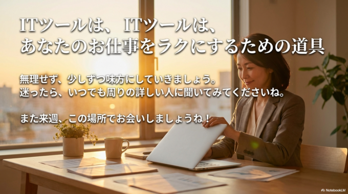 ITツールは、あなたのお仕事をラクにするための道具です。 無理せず、少しずつ味方にしていきましょう。