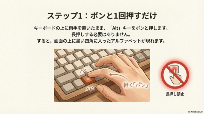 【図①：最初の画面】 いつものエクセルの画面を開きます。 キーボードの上に両手を置いたままにしておいてくださいね。