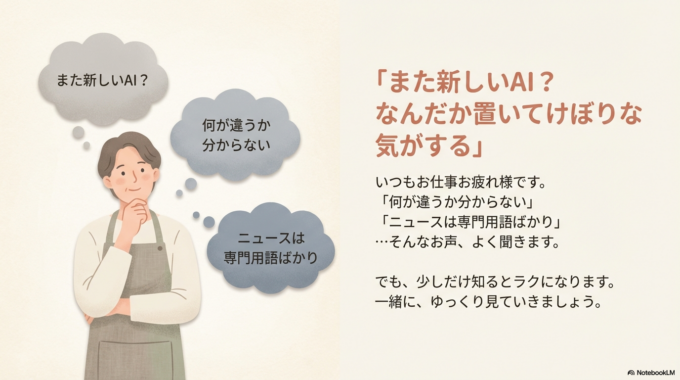 「また新しいAIが出たらしいけど、何が違うか分からない…」 「どんどん進化していて、なんだか置いてけぼりな気がする」