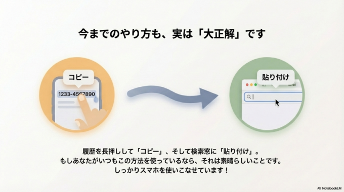 電話が切れた後、履歴の番号を指で長押しして「コピー」します。