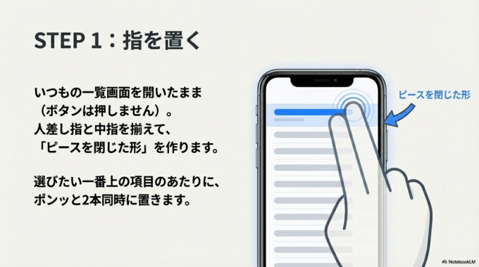 人差し指と中指を揃えて(ピースを閉じたような形です)