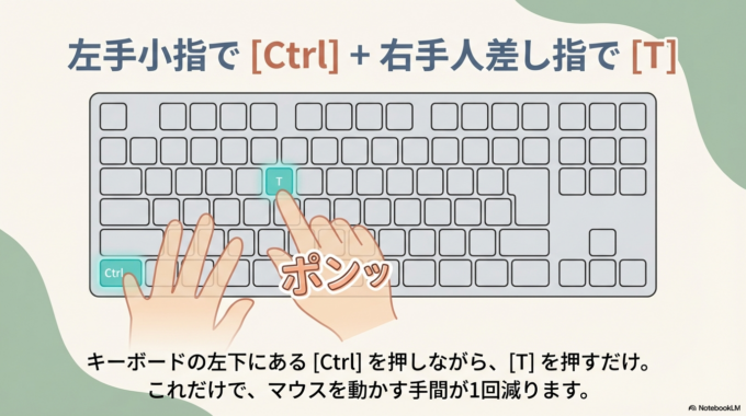 キーボードの左下にある 「Ctrl」 というボタン。 これを左手の小指で押しながら、 右手のひとさし指で 「T」 をポンッと押してみてください。