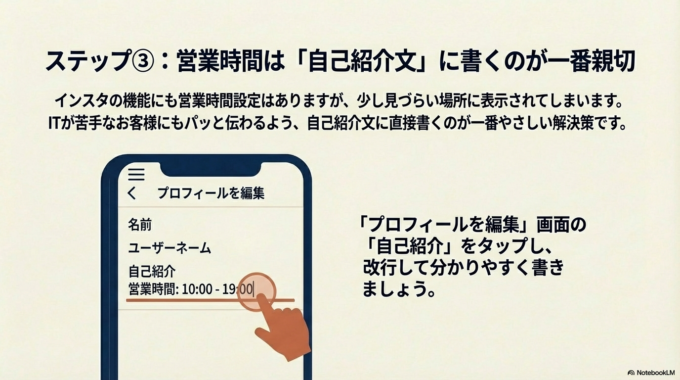 営業時間は「自己紹介文」に書くのが一番親切