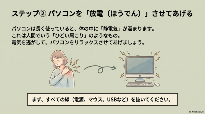 ステップ② パソコンを「放電（ほうでん）」させてあげる