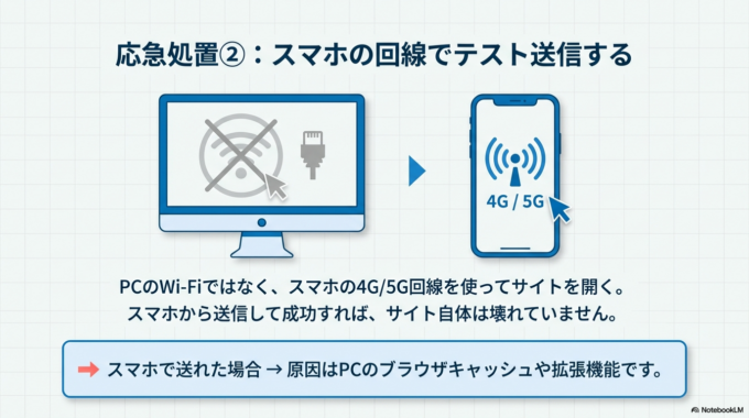 別のブラウザやスマホで試す