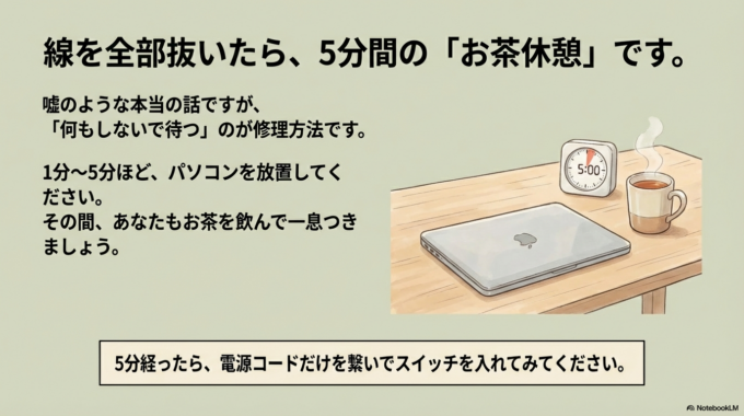そのまま1分〜5分ほど放置する。（お茶でも飲んで休憩しましょう）