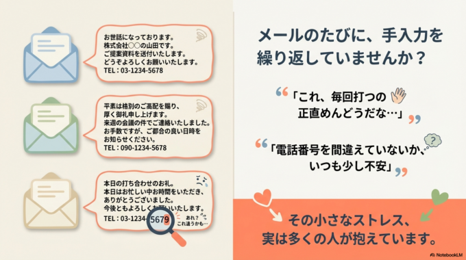 メールを送るたびに、最後に自分の名前や会社名、電話番号を手で入力していませんか？