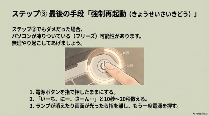 ステップ③ 最後の手段「強制再起動（きょうせいさいきどう）」
