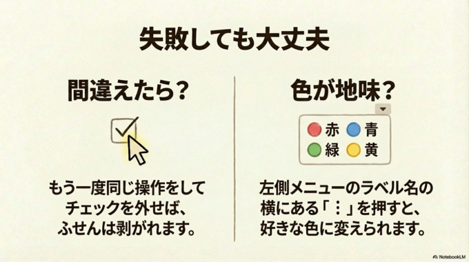 もし間違えて付けた場合は、同じ操作でチェックを外せば元に戻ります。怖がらなくて大丈夫です。